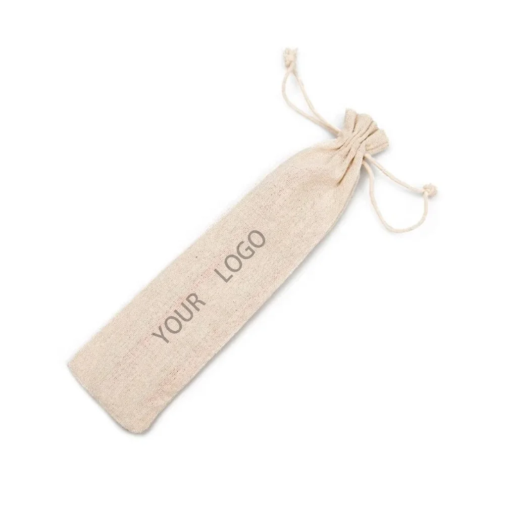 

70*250mm canvas linen bag drinking straw packing pouch jute cotton drawstring bag with customized logo, Gray/black/cotton
