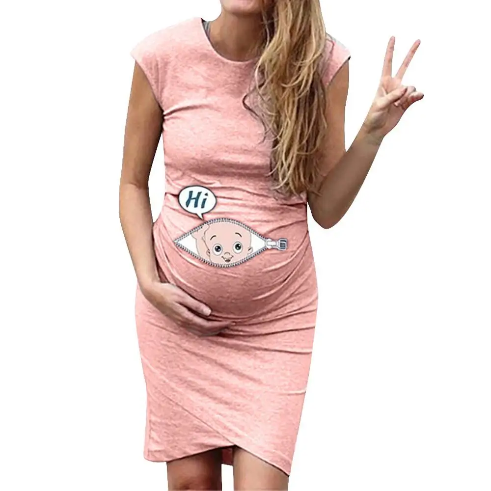 

In Stock Pregnant Clothes Casual Dresses Sexy Woman Maternity Gown Dress Sleeveless O-Neck Print Knee Length For Pregnant Woman, Picture