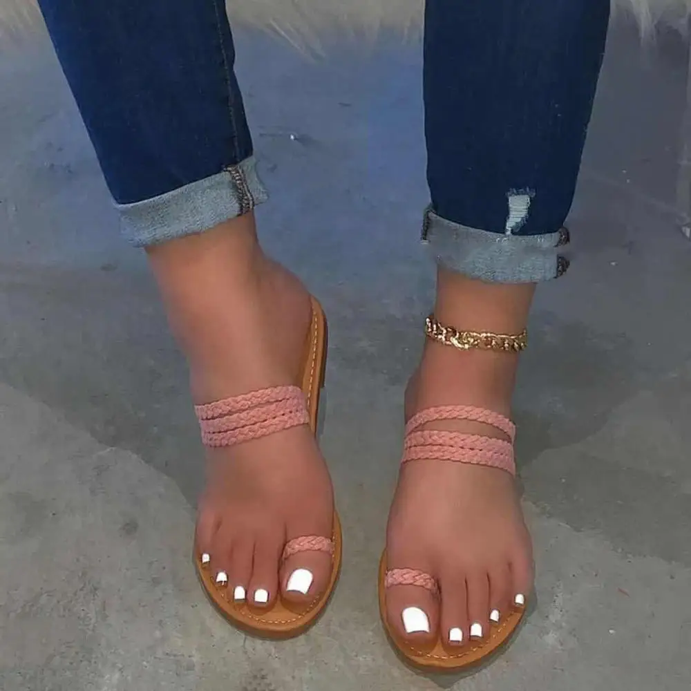 

Toe Ring Braid Straps Women's Slippers Flat with Yellow Pink Slides Summer Women Flat Flip Flop Female Beach Shoes