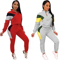 

SAK8855 custom logo polyester cotton color blocking winter tracksuit two piece women jogger set