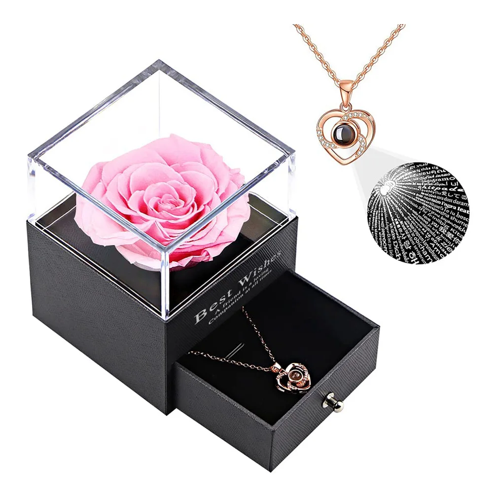 

Wholesale hot sale preserved rose jewelry box with necklace in 100 languages