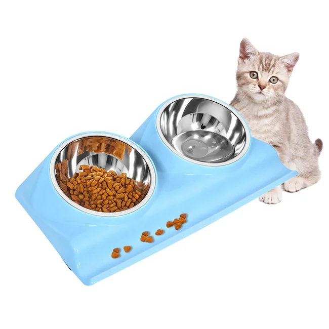 

Plastic Cat Dog Food Bowls 15 Degree Tilted Neck Guard No Spill Double Pet Bowl For Cats And Dogs, Blue, pink, green