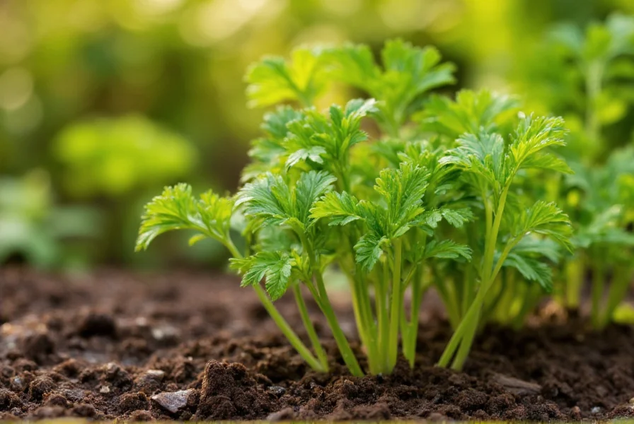 Close-up of curly leaf parsley plant growing in garden soil with morning dew