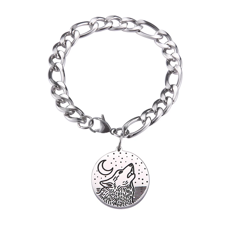

Laser Engraved Customize Personalized Disc Charm Stainless Steel Cuban Chain Wolf Bracelet