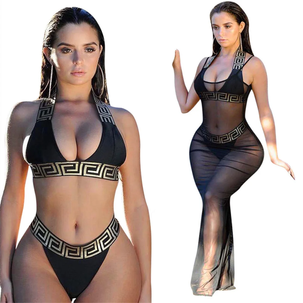 

2020 new arrivals Fashion Bikini Shoulder Strap Sleeveless No Mesh Printed Solid 2 pieces set Beach Wear women Swimsuit, Picture show