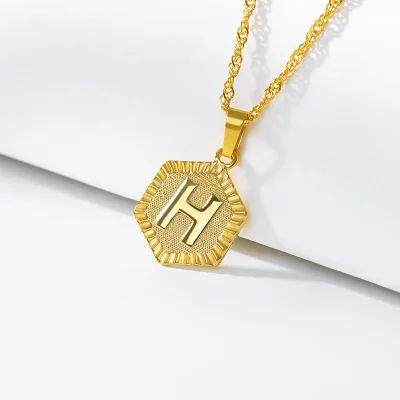 

Gold Plated Charm Hexagonal cube carving Custom Name Initial Letters Pendant A-Z 26 Letters Stainless Steel Necklace Jewelry