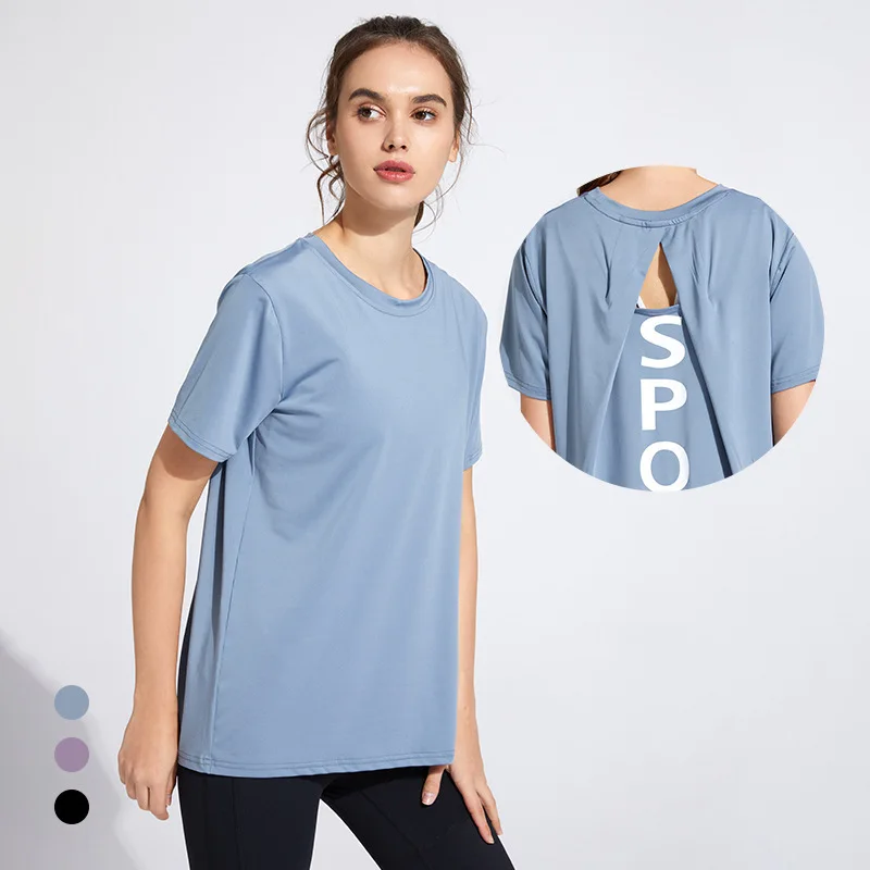 

Hot Sale Quick Dry Round Neck Yoga Shirt Fashion Letter Printing Breathable Sports Shirts for Ladies