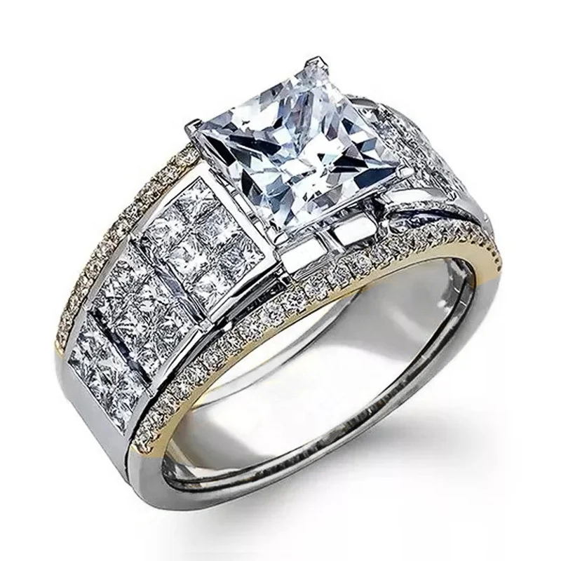 

Noble Women Wedding Jewelry Wide Band Princess Cut Square Cubic Zircon Micro Pave CZ Stone Luxury Gold/Silver Color Mix