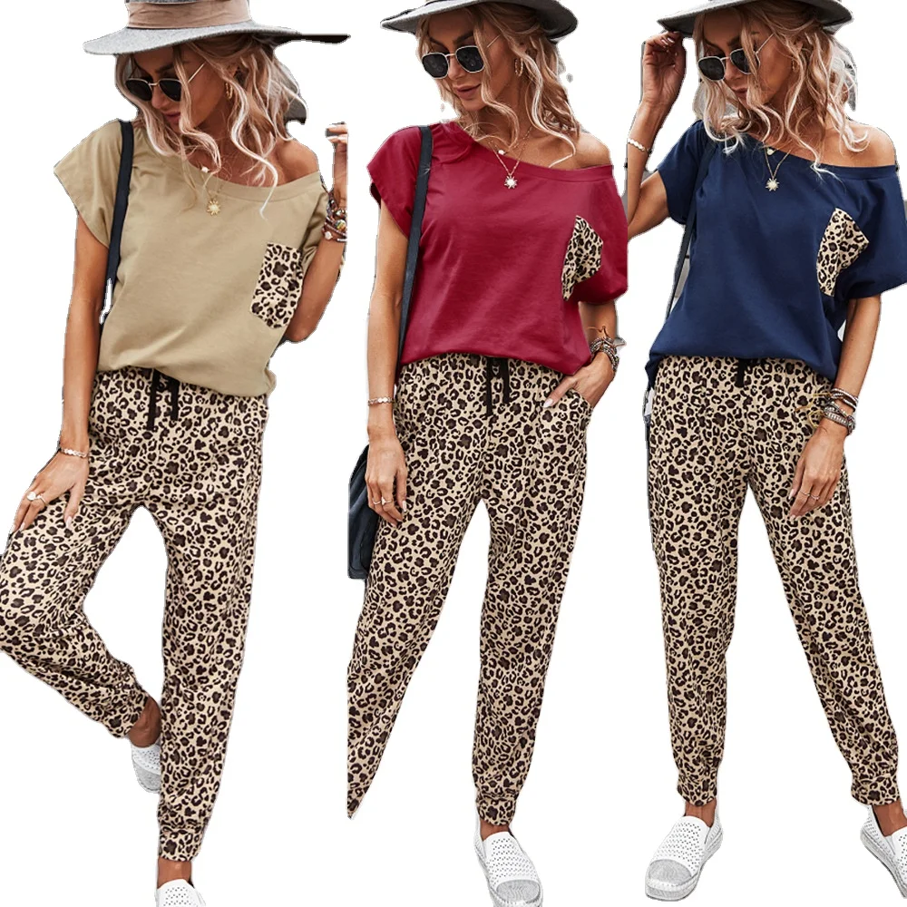 

Leopard Print Homewear 2 Piece Set Suits Women Summer Casual T Shirts Drawstring Lounge Wear Fashion Short Sleeve Sets Elastic