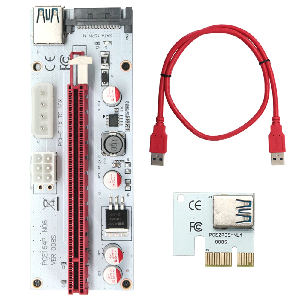 

White PCI-E Riser PCI 1x to 16x PCI-E 16x Riser Card SATA Molex 4Pin 6Pin USB3.0 VER 008s for Bitcoin Mining