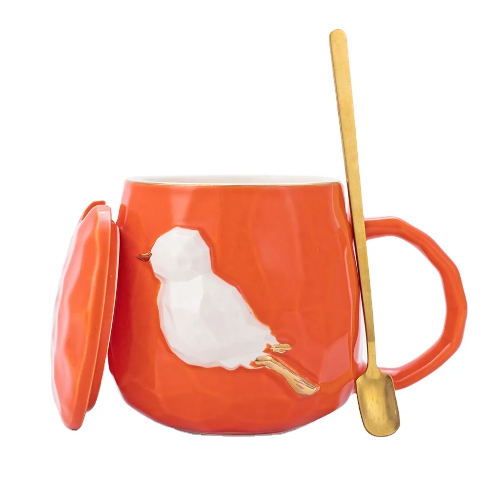 

Kid Love 3d animal embossed pattern mug 14oz 400ml ceramic coffee mug cup with gold rim and spoon set