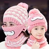 Wholesale Winter Lady Children Cashmere Warm Mask Neck Lovely Knitting Wool Cap Hat 3 Set