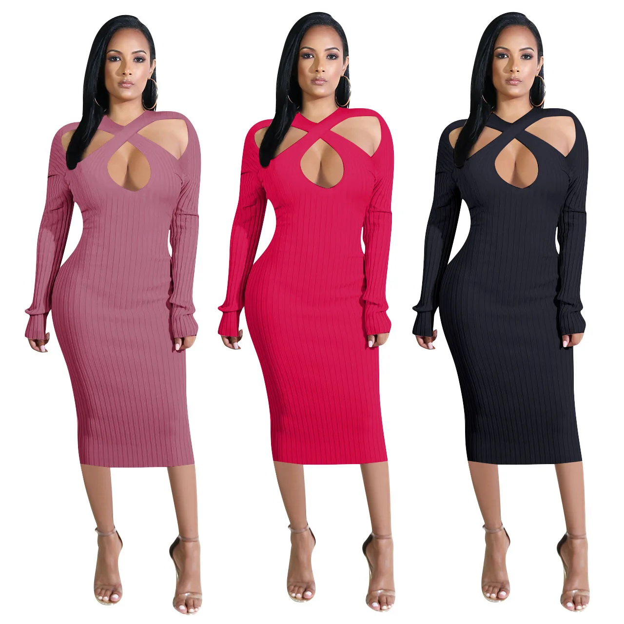 

Hot Sell Fashion casual sexy Hollow out slim pure color temperament knitted Long sleeve Dress Lady Elegant long skirt, 3 colors