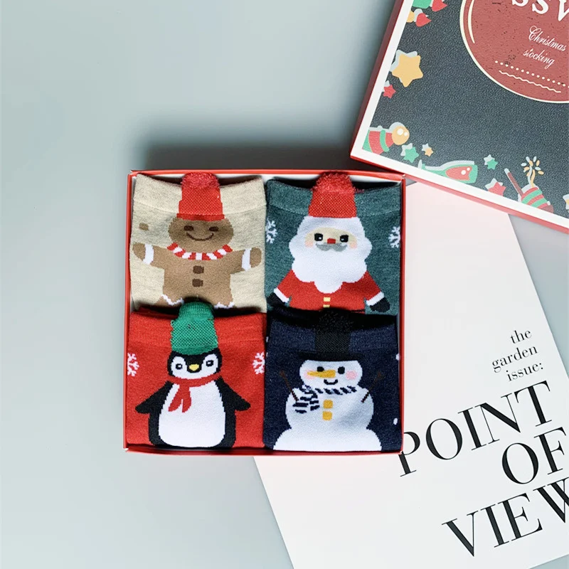 

4 pairs of boxes autumn and winter ladies cartoon foot warmer tube socks Christmas cotton socks for christmas gift