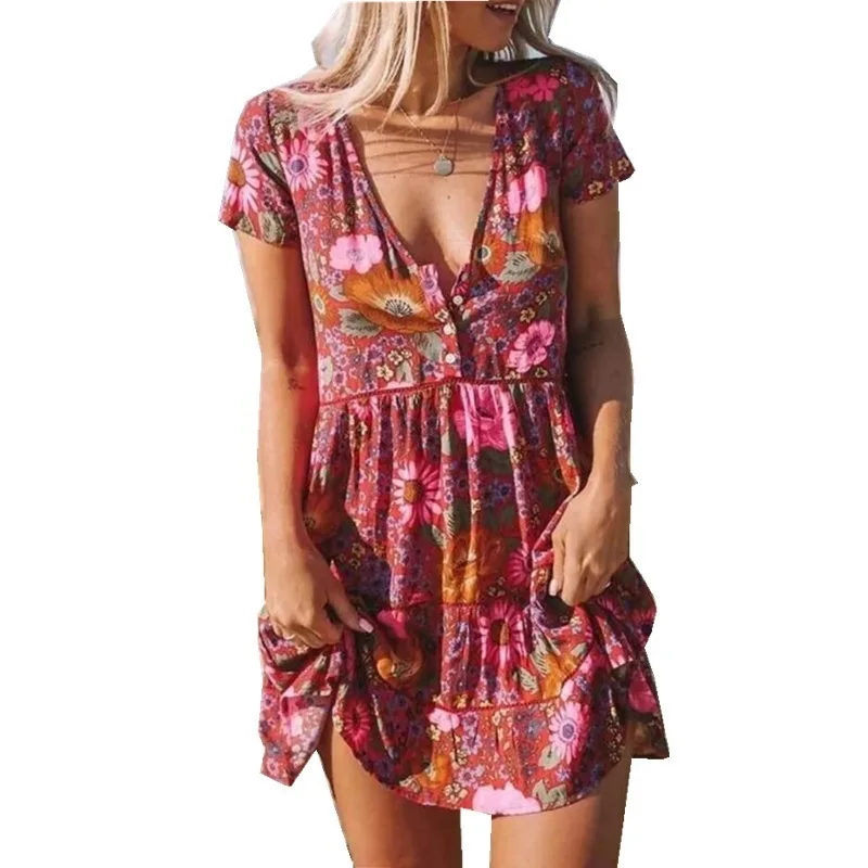 

2021 new hot sale women's printed v-neck short-sleeved cool sexy dress