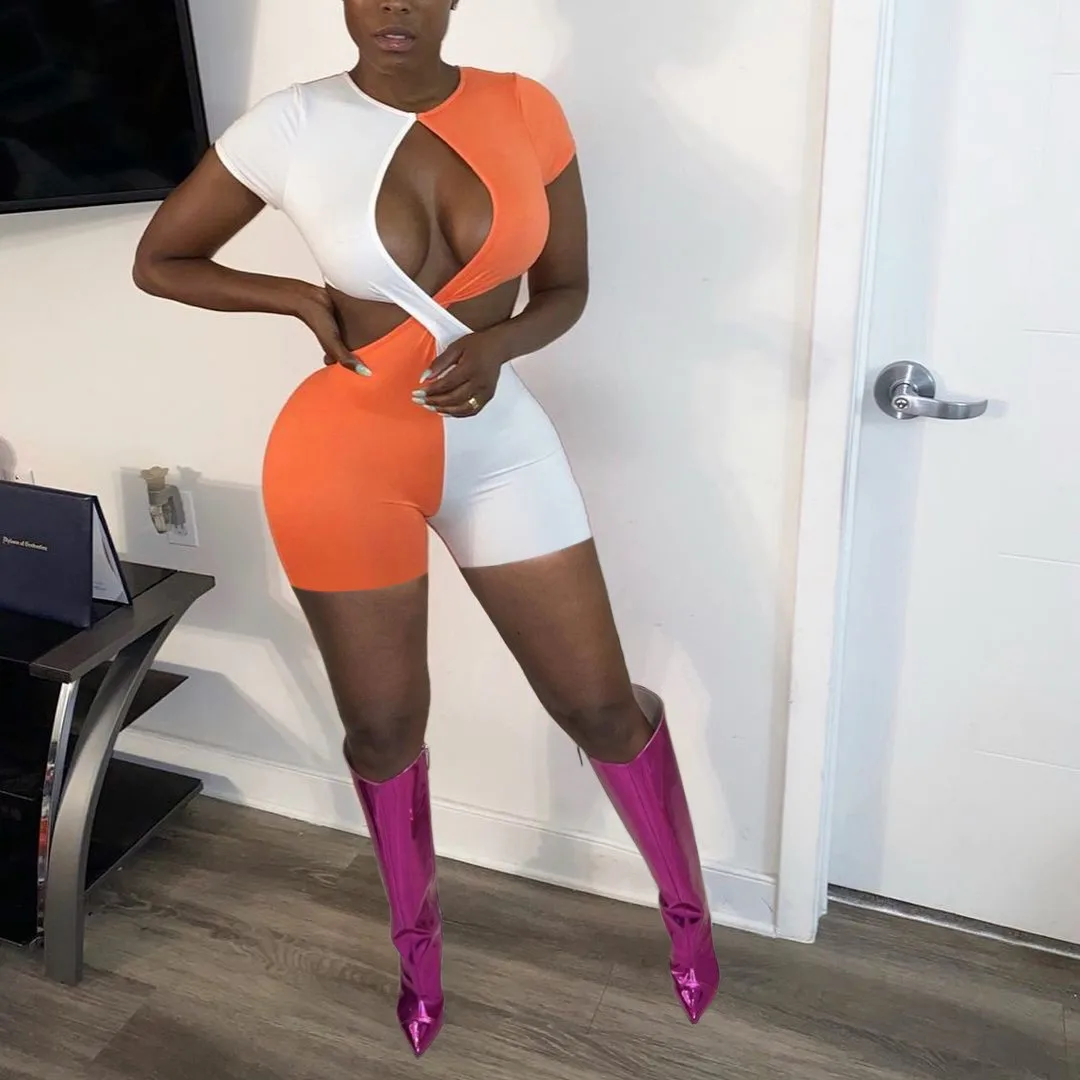 

Knitted Backless Bodycon Playsuit Summer Clothes for Women Bandage Off Shoulder Short Romper Sexy One Piece Club Outfits, Orange/blue