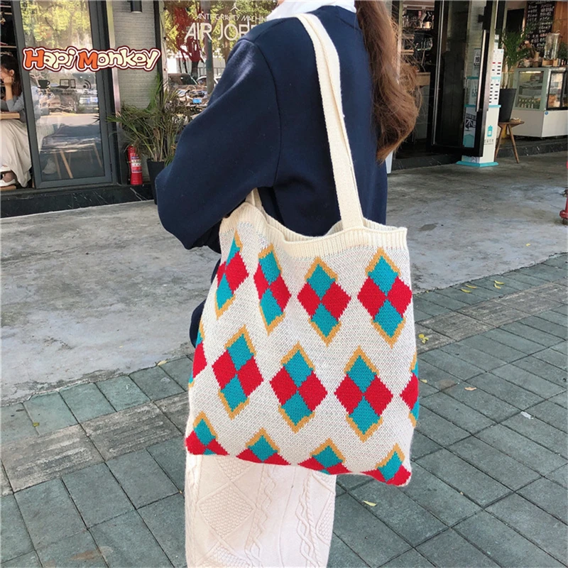 

Hapimonkey Colorful Korean Style Eco Friendly Customised Fashionable Large Recycled Knitting Bag Tote Knit-bag Lady