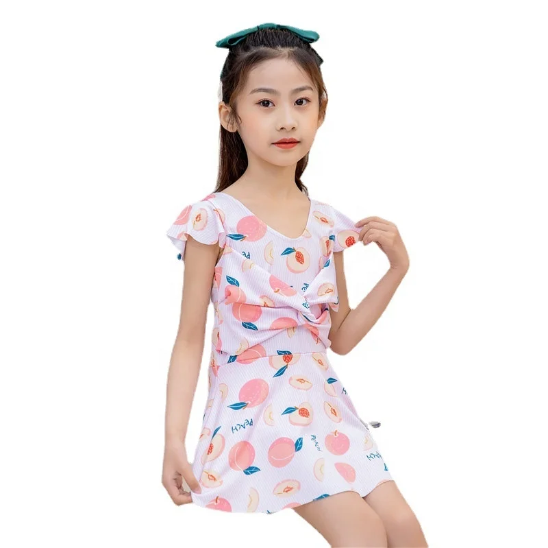 

2022 Summer Fashion Flower Printing Girl Swim Suits Polyester Swimwear Kids Swimming Dress for Kid, Plain color