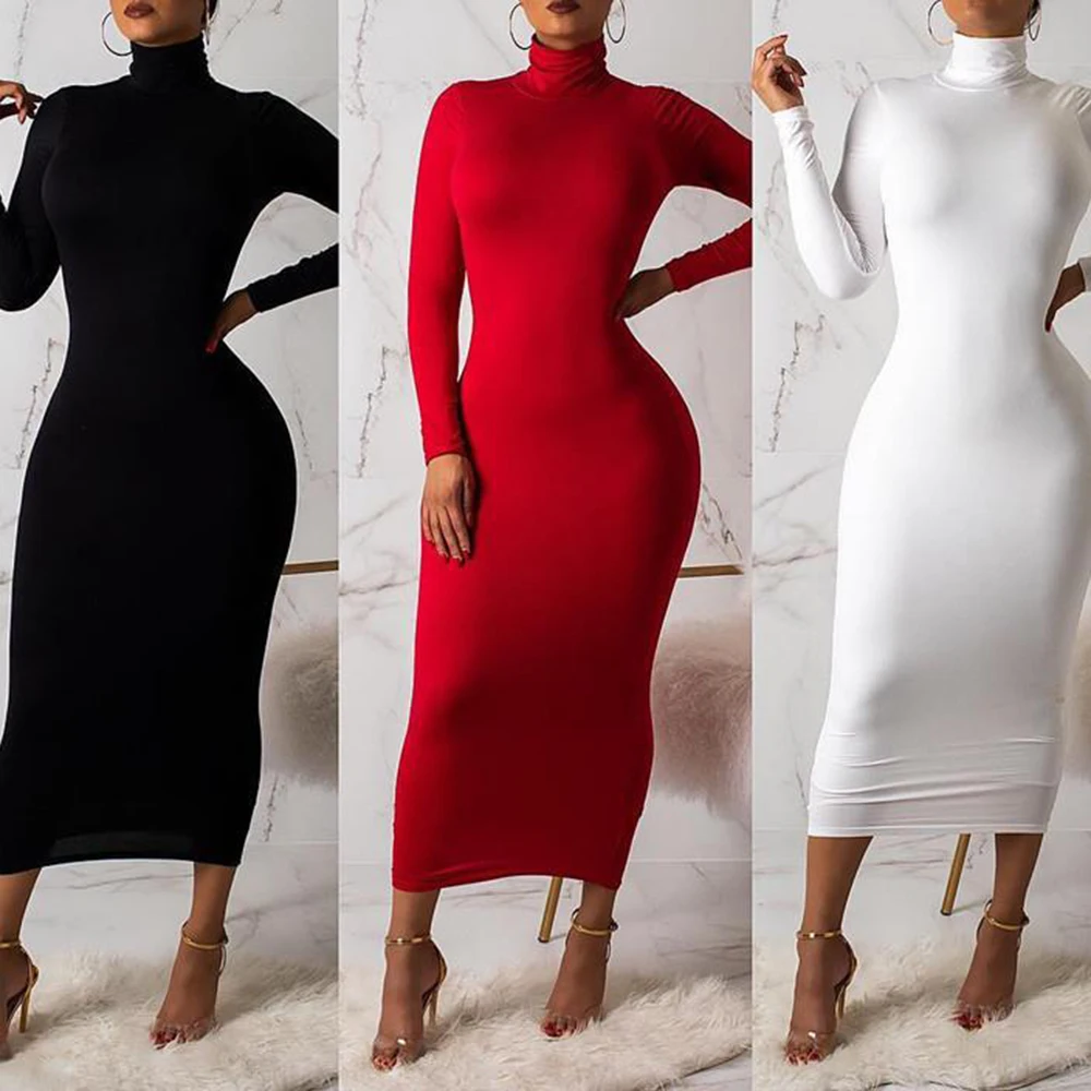 

wholesale autumn ladies bodycon dresses Sexy women Zipper full sleeve High collar slim long dress