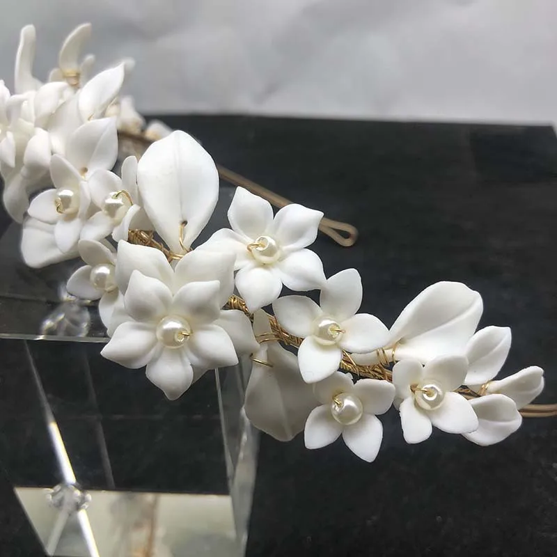 

ROMANTIC New Handmade Pearls Bridal Women Hair Accessories Clay Flower Wedding Headband