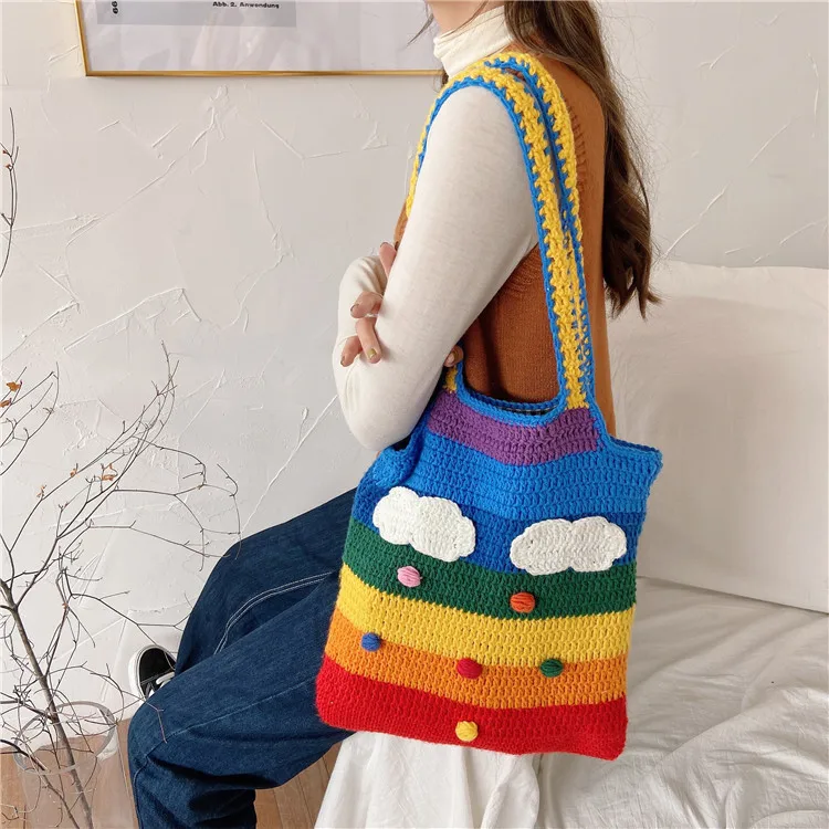 

Custom Wholesale Fashion Girl Rainbow Wool Knitted Woven Bag Shoulder Messenger Bag Women'S Tote Bags, 4 colors