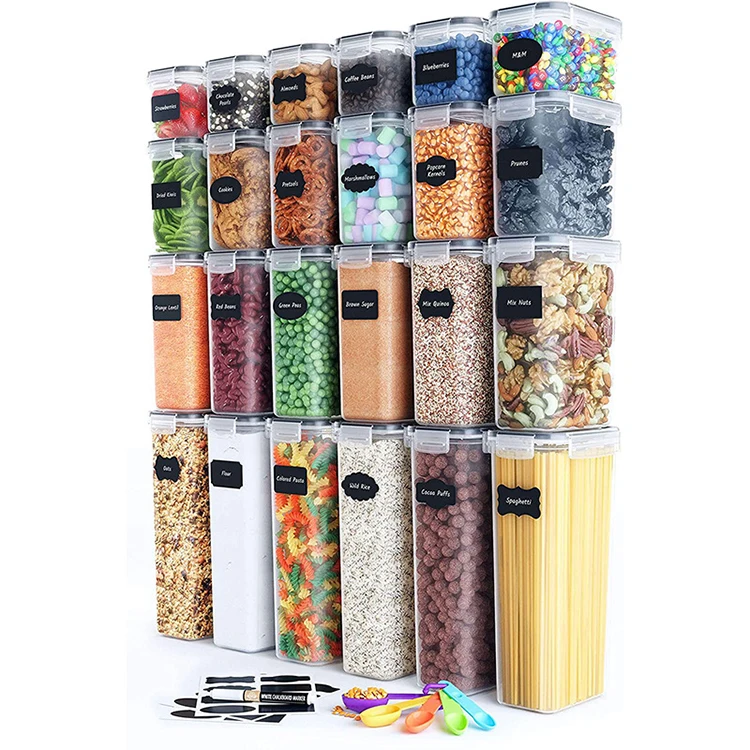 

24 Pack Hot Selling Plastic BPA Free Airtight Dry Cereal Food Storage Containers Set for Sugar Flour Baking