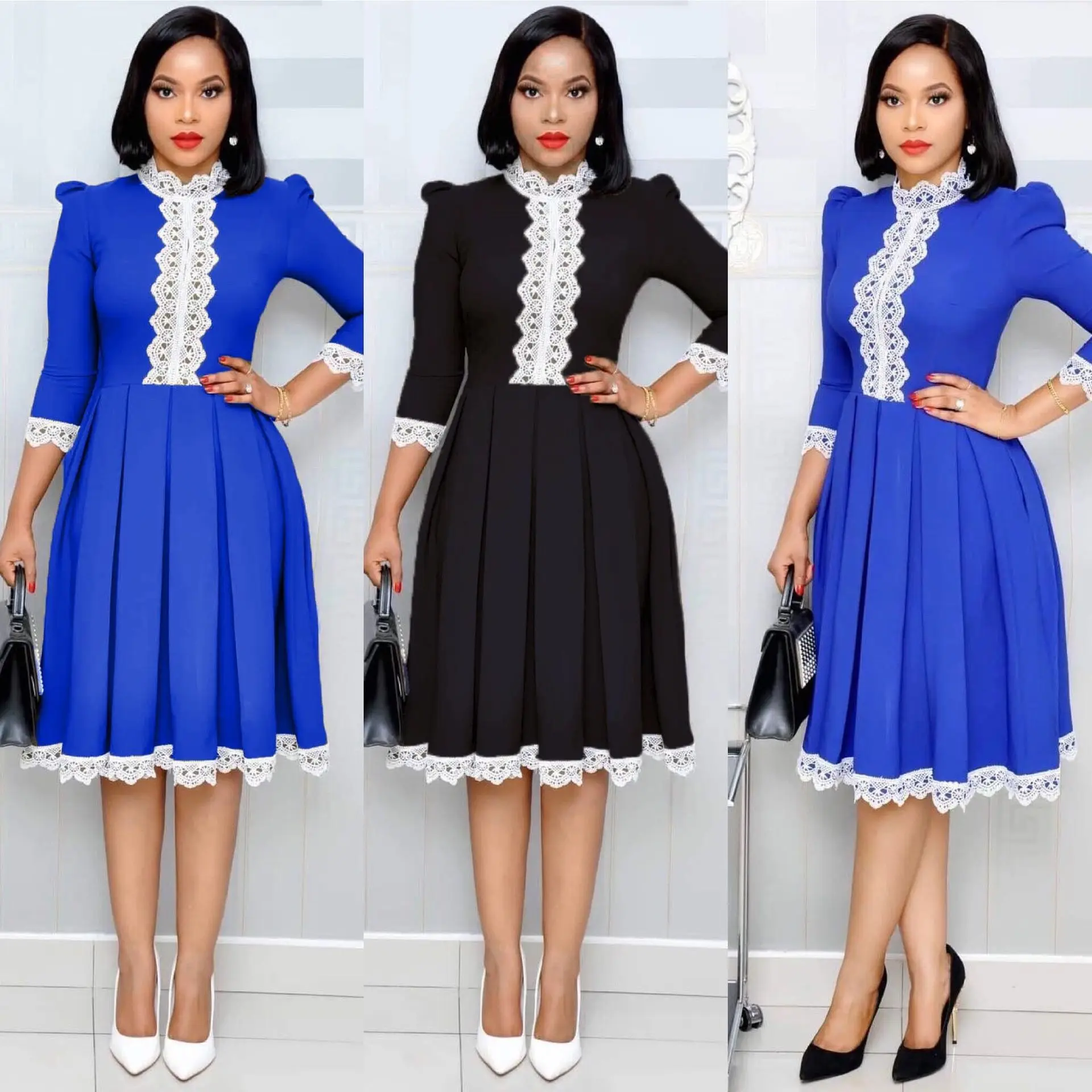 

Women chiffon Lace dress for autumn with long sleeve for office casual style, As showed