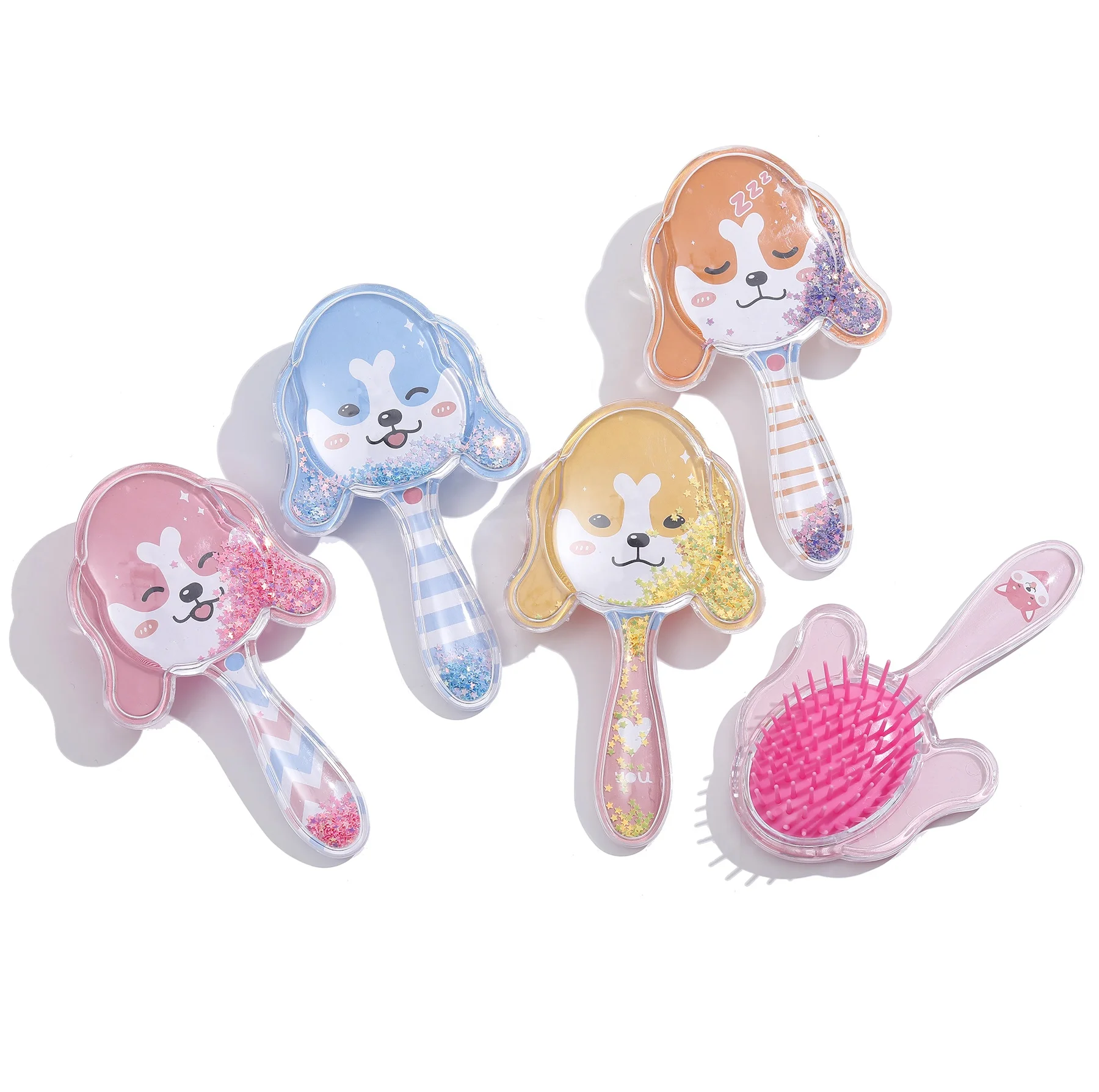 

High Quality Bling Cartoon Cushion Hairbrush Confetti Mini Size Pocket Hairbrush Transparent Dog Shape Portable Hairbrush, Customized color