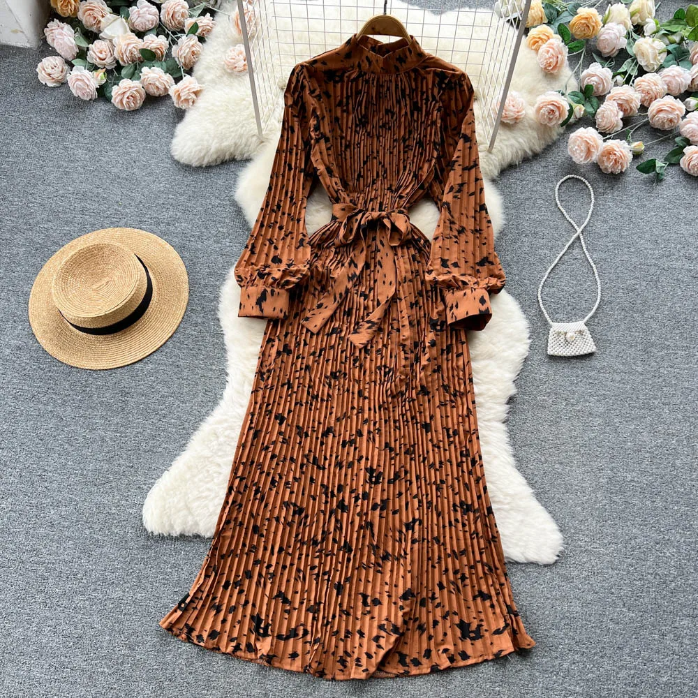 

Women's Autumn Vintage Stand Collar Single Breasted Top Long Sleeve Shirt Print Dress Loose Waist Midi Dress