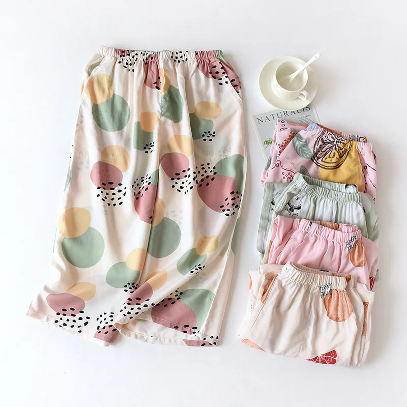 

Summer new women's artificial cotton sleep pants shorts thin loose comfortable cotton wide legs home pants cropped pants ladies