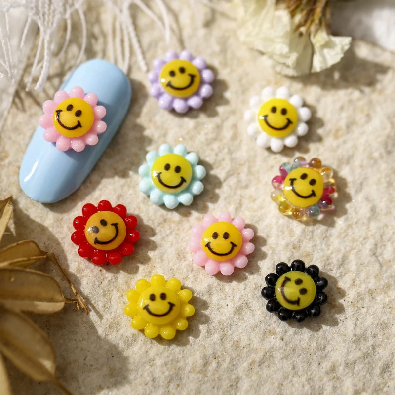 

2021 New Smiley Face Manicure Sunflower Colorful Nail Art Cartoon 3D Embossed Resin Nail Decorations, As shown