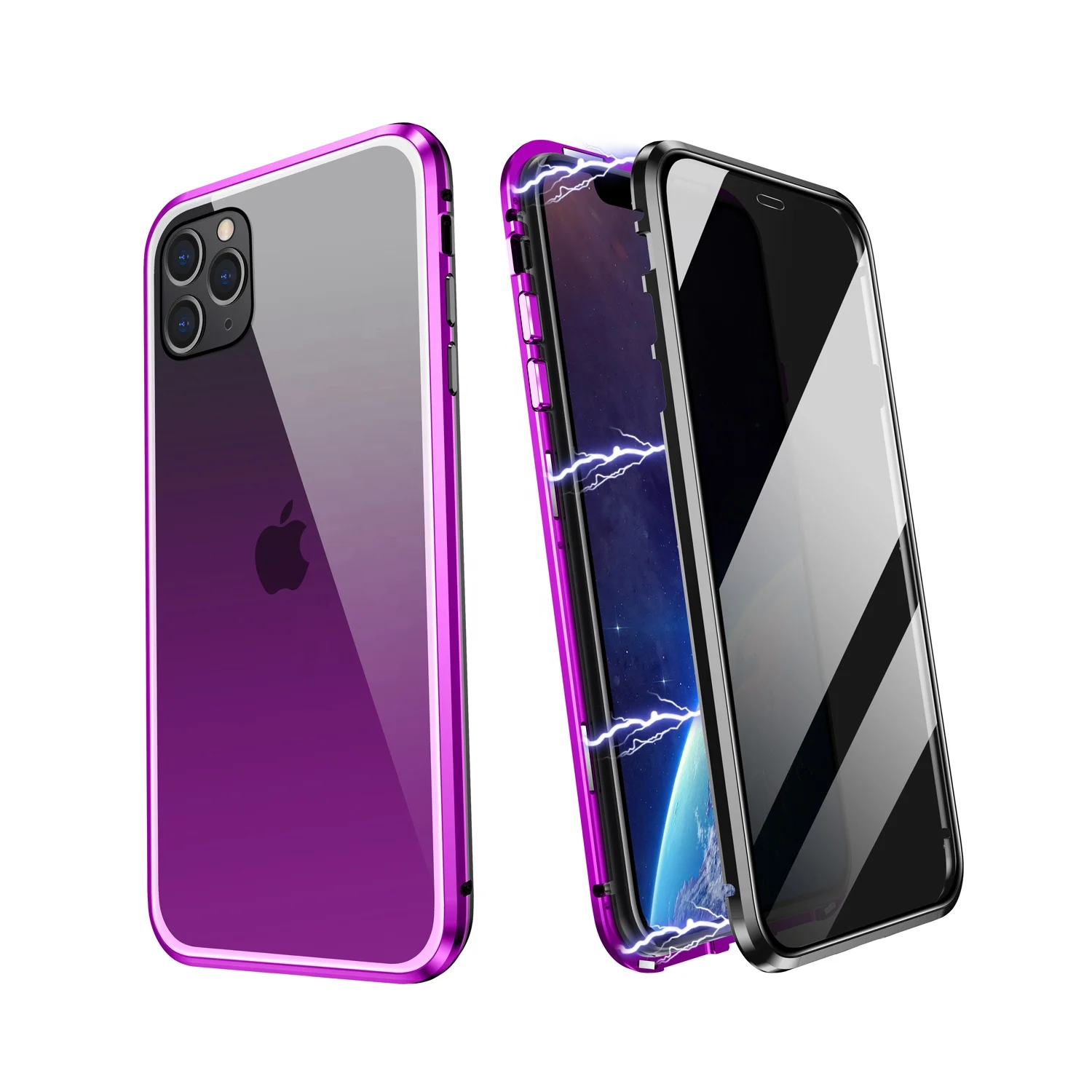 

ZHIKE Metal Aluminum Frame Anti-Peep Double Sided Tempered Glass Magnetic for iPhone 11 Pro Max Hard iPhone Phone Case, Black,red, purple&black,blue&silver