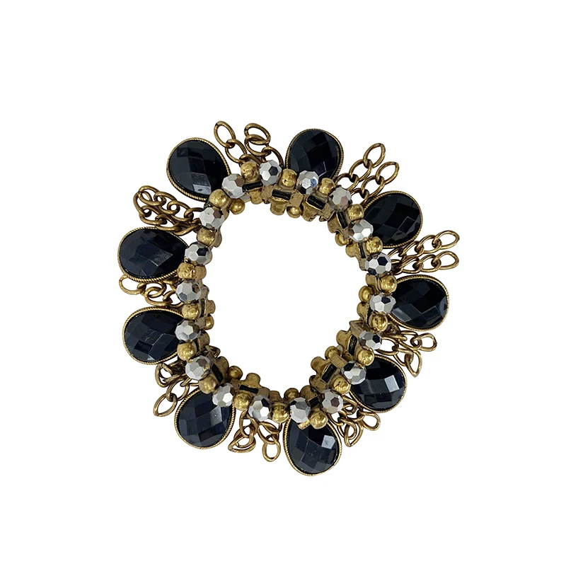 

Stock Facet Glass Beads Stretch Bracelet Zinc Alloy Baroque style long chain elastic bracelet, Black color