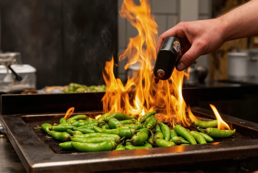 Professional chef roasting fresh Hatch green chilies over open flame
