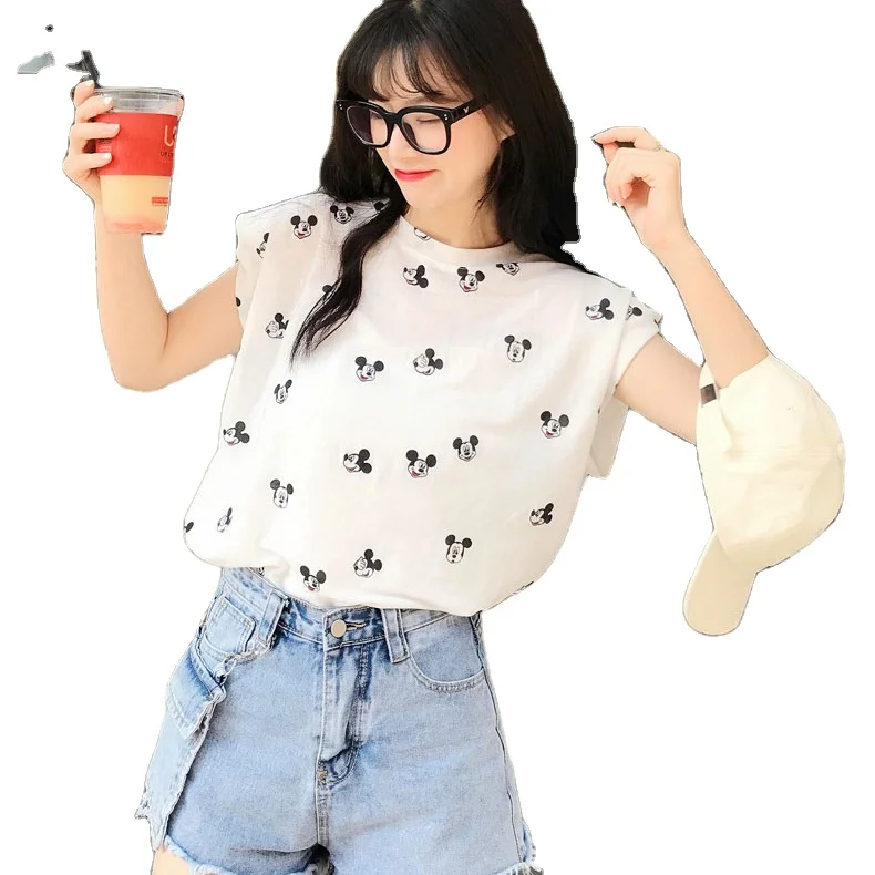 

2021 Women Camis Printed Mouse Sleeveless Tank Top Girls with Shoulder Pad, White