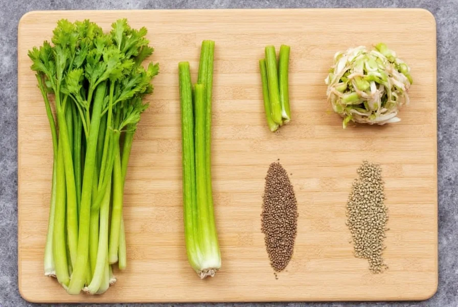Side-by-side comparison of fresh celery stalks, celery seeds, and common substitute vegetables arranged on wooden cutting board