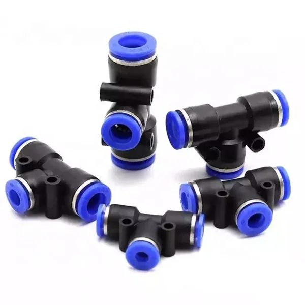 

PE 4 6 8 10 12 14 16mm plastic & copper nickel plated air fitting T-type three-way pneumatic quick push pneumatic connector