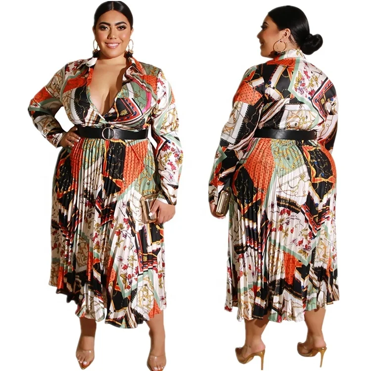 

Wholesale 5XL Plus Size Afirica Style Deep V Neck Long Sleeve Midi Dress For Women