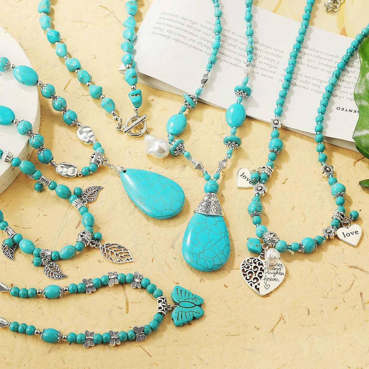 Boho Turquoise Stone Beaded Butterfly Leaves Pearl Necklaces Jewelry  For Women Men