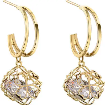 

Clover Cut Out Square Earrings Austrian Crystal Flower Ball Double Hoop Earrings for Women, Picture shows