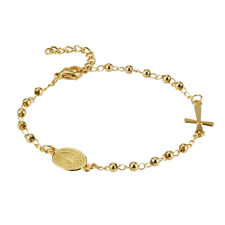 

18K Gold Plated Our Lady of Guadalupe and Cross Rosary Bracelet 3mm Bead Link Chain Bracelet for Women Teen Girls