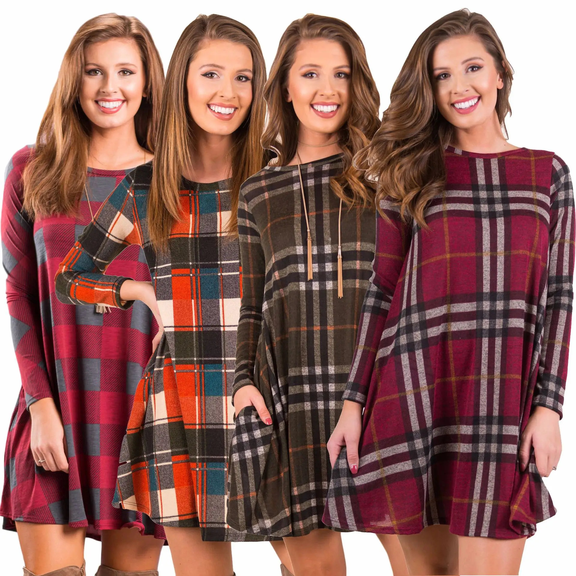 

Factory directly casual Plaid pattern cotton woman mini dress long sleeve dresses women elegant