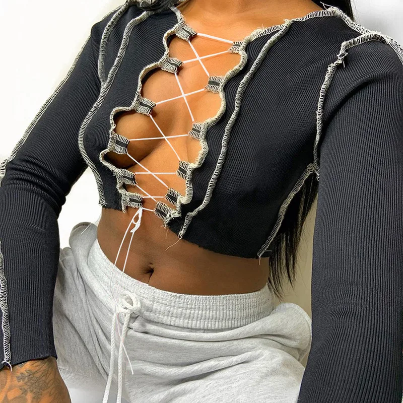 

New Design Fashion 2020 Solid Color Long Sleeve ribbed T Shirt Knitted rib Bandage Sexy Crop Top Hollow Out Women Tops t-shirt, As picture ladies crop top
