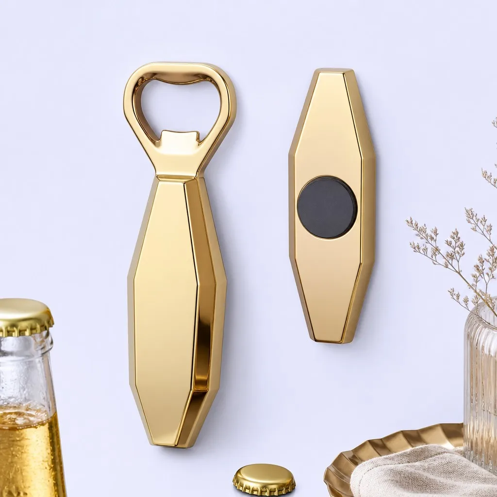 Gold bottle opener and magnetic mount styled with a beer bottle and decor