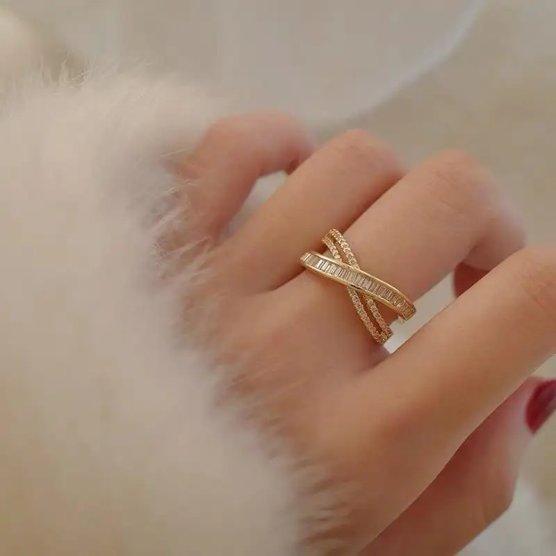 

Light Luxury Opening Adjustable gold plated Ring Fashion Personalized Fashion Zircon Super Sparkling Charm Ring Female