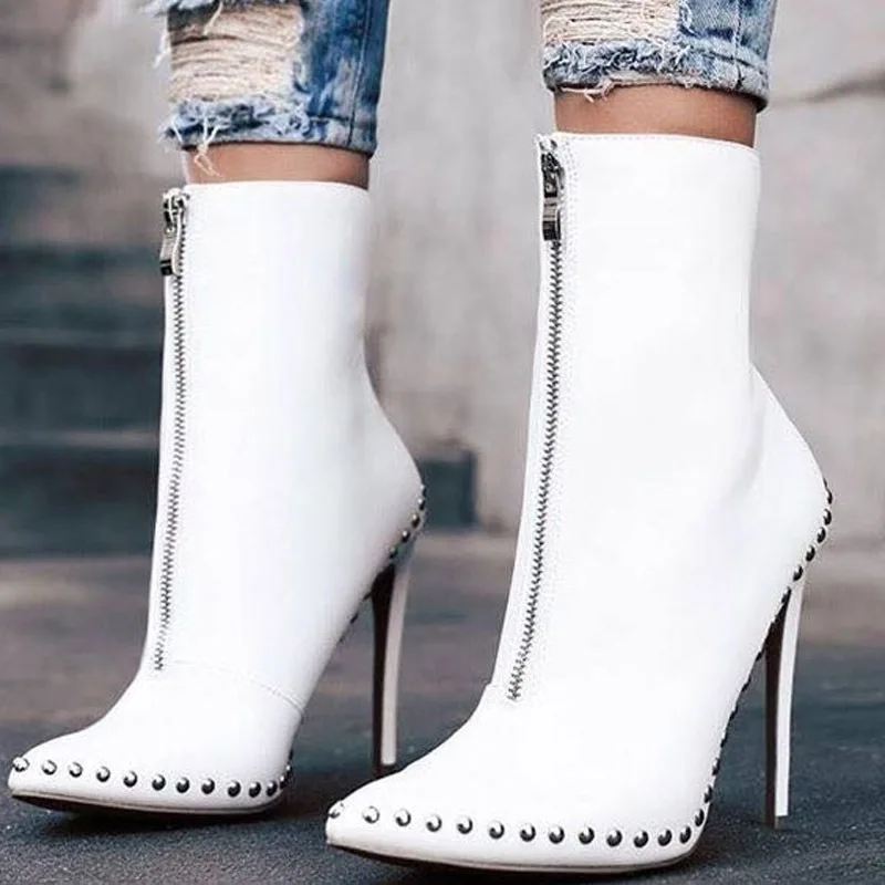 

2021 New Autumn Zip Women Ankle Boots Rivet High Heels Pointed Toe Shoes Women Sexy Punk Motorcycle Knight Boots For Females 42