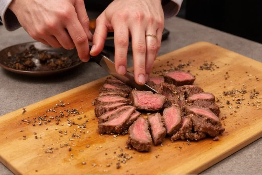 Chef preparing steak with various pepper varieties visible on a wooden cutting board at Pepper Club