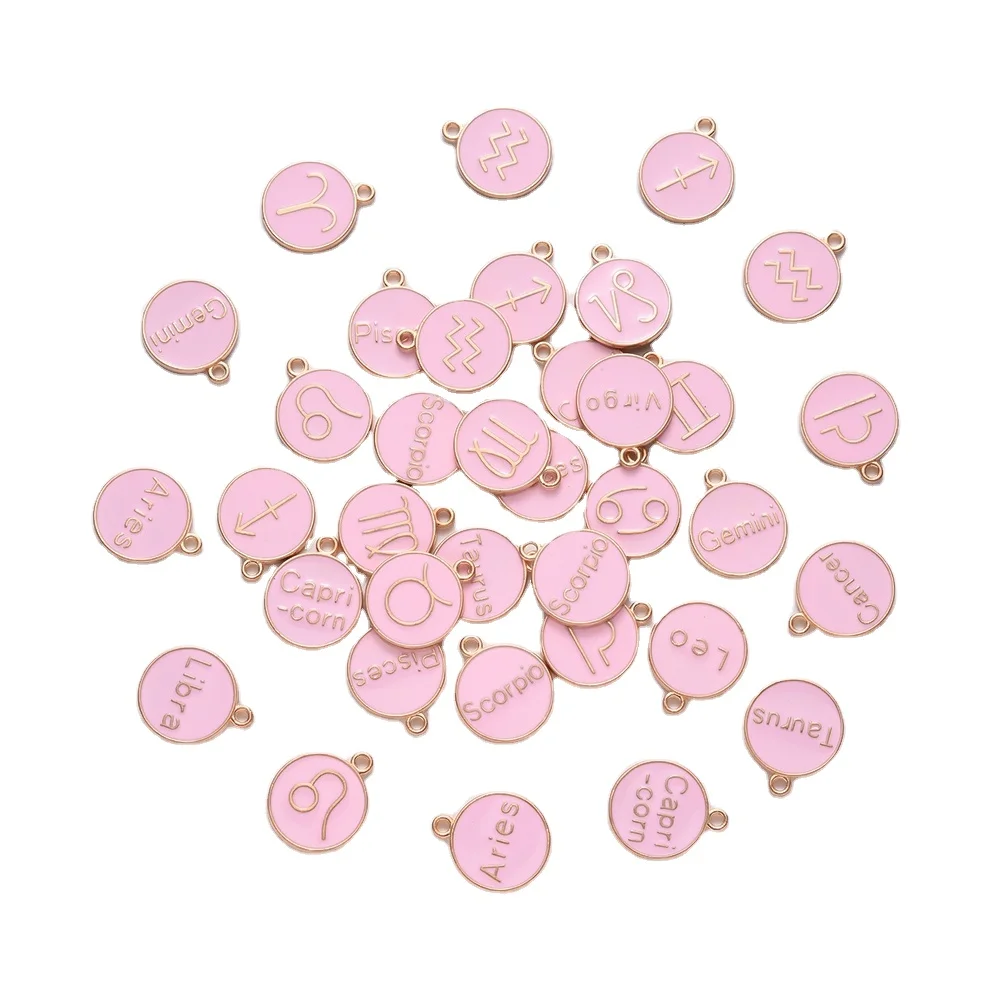 

PandaHall Flat Round with Twelve Zodiac Light Gold Pink Alloy Enamel Pendant