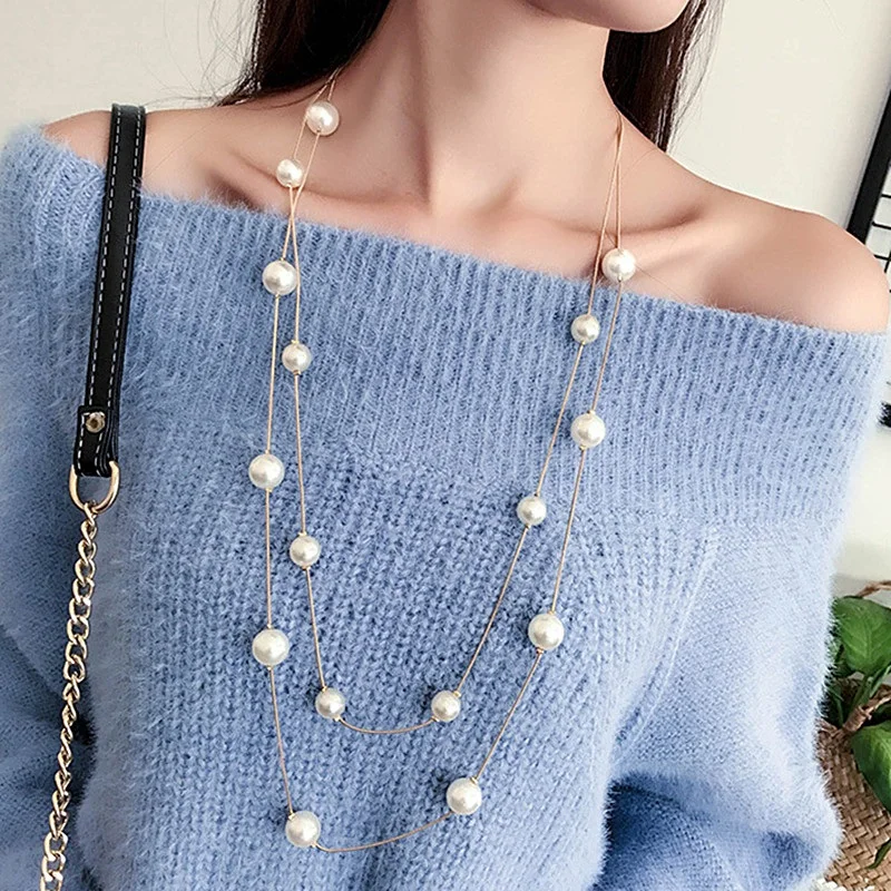 

Long Double Layer Simulated Pearls LadIes Necklaces Clavicle Fashion Jewelry Sweater Chain Long Necklace For Women 2019 New, Gold