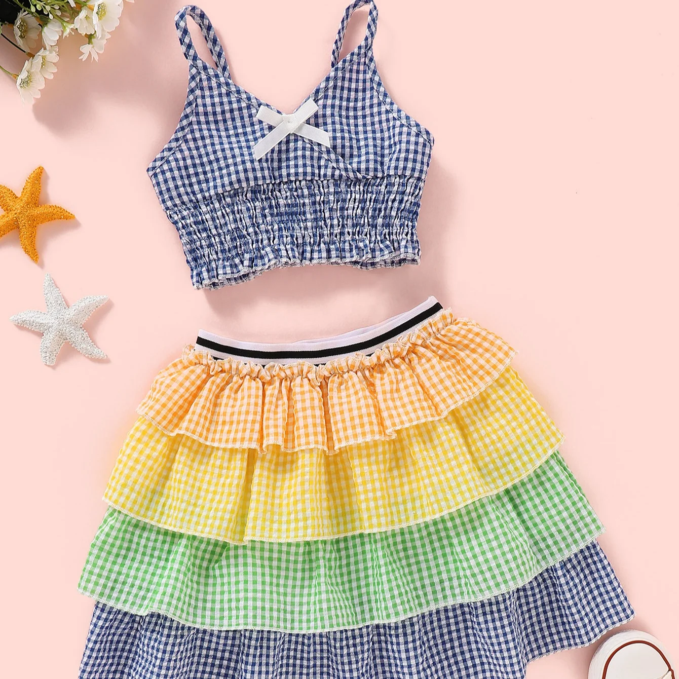 

Summer girls clothes set kids plaid shirt skirts 2pcs outfit children summer rainbow clothes set, As picture